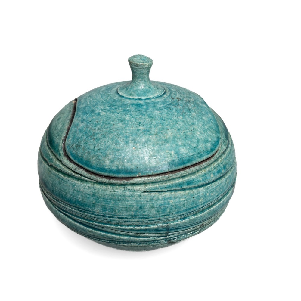 Rick Loewenkamp Southwestern Raku Pottery Lidded Jar Blue-Green 5" x 5"